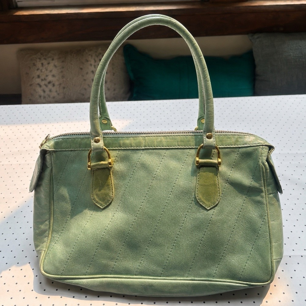 Vintage Mint Green Genuine Leather Satchel Purse Zip Top Brass Top Handle‎